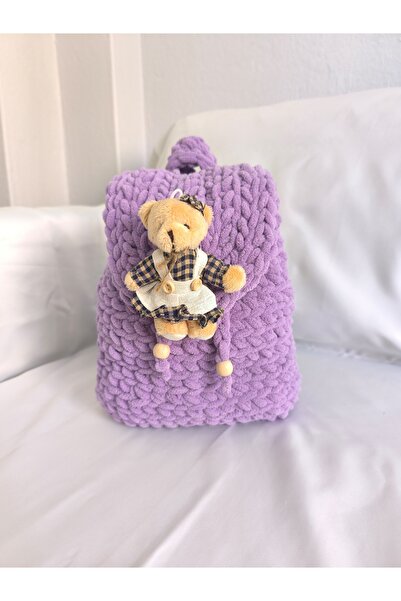 OEM El Yapımı Çocuk Sırt Çantası, Mor 25 cm x 20 cm, Ayıcık Detaylı