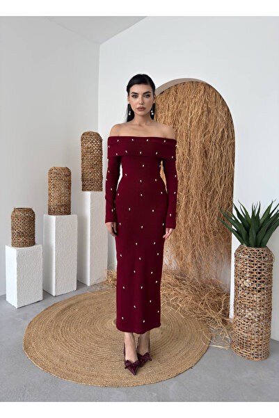 conconmoda Marvella İnci Boncuk Detay Straplez Uzun Elbise