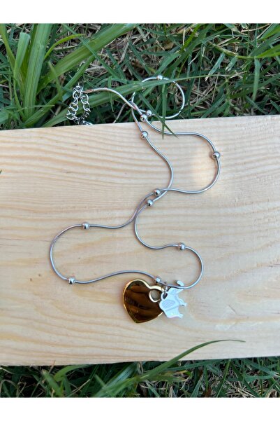 Çelik gold gri fil kalp detaylı şık kolye