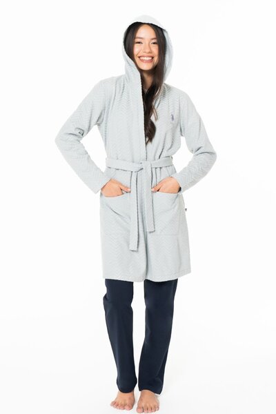 U.S. Polo Assn. U.S. Polo Assn. 20127 Women's Thin Fleece Long Sleeve Hooded Dressing Gown-Grey