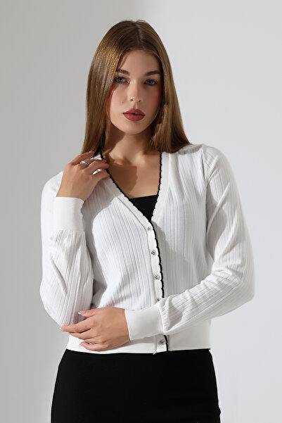 Şiir Bago Regular Molded Slice Collar Long Sleeve Stylish Buttoned Short Women's Cardigan - Ecru