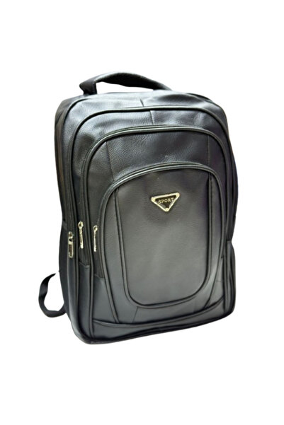 IQTENA Black Leather Sport Backpack – Multi-Pocket, Gold Zippers, Stylish School & Travel Bag