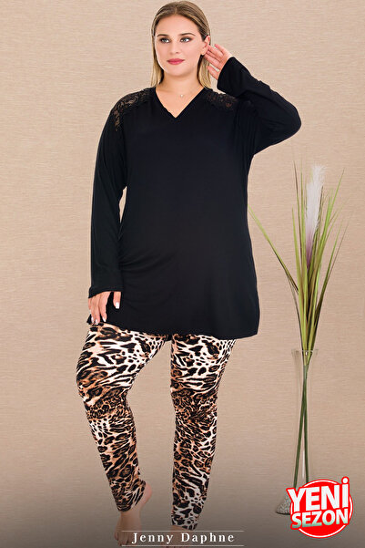 Jenny Daphne Leopard Print Long Capri Bottom Lace Shoulder Long Sleeve V-Neck Viscose Fabric Pajamas Set 11418