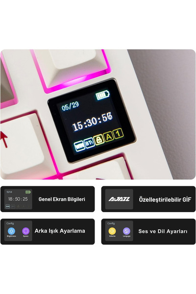 Coverzone Ajazz Ak820 Pro Mekanik Rgb Oyun Klavyesi,3 Modlu Tft Renkli Ekran Cnc Düğmeli 81 Tuş Krem Kırmızı