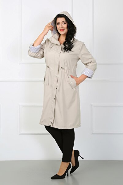 By Alba Collection Kadın Taş Rengi Kolu Çizgili Uzun Büyük Beden Trençkot