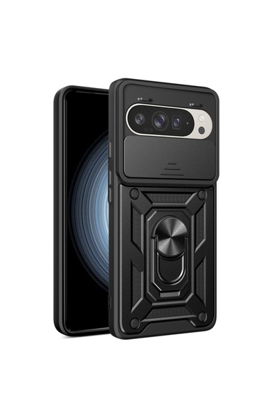 SKYDDAR INNOVATION Husă pentru Google Pixel 9 / Pixel 9 Pro, CamShield, inel magnetic, set autocolante, neagră