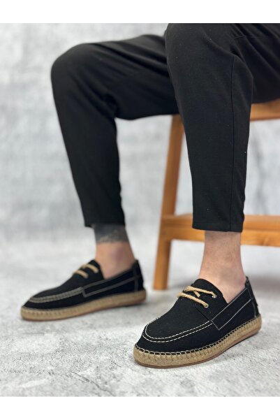 BOA Ba0358 Natural Leather Powder Lace up Rubber Handmade Espadrille Sole Black Color Men Shoes