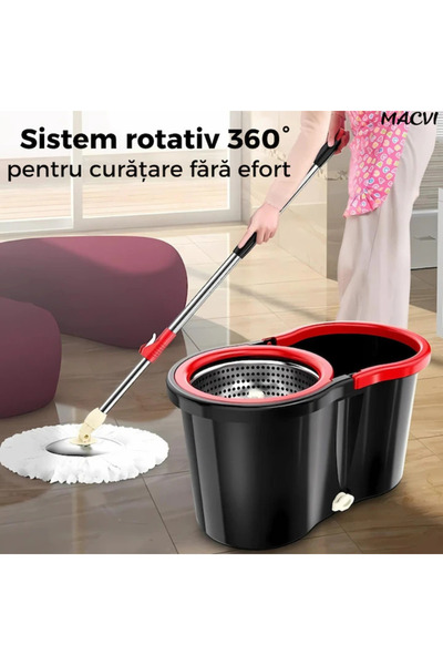 MACVI Set mop Macvi® rotativ 360 cu galeata stoarcere rapida si maner telescopic, 12 litri