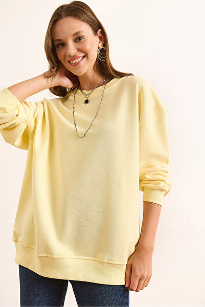 Olalook Kadın Sarı Dikiş Detaylı Kalın Şardonsuz Basic Sweatshirt SWT-19000725