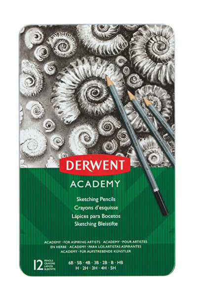 Derwent Set of 12 Academy Graphite Pencils 6B-5H, high quality for aspiring artists, metal box