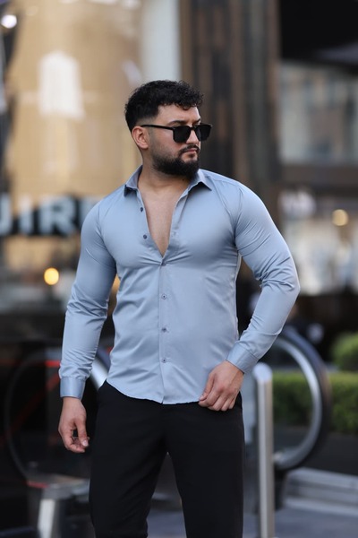 L-KOM Erkek Slim Fit Saten Dokulu Gömlek