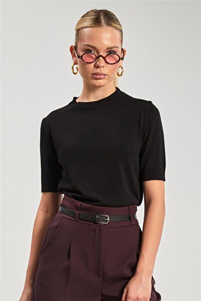 BARRELS AND OIL Kadın Kısa Kol Triko Bluz - Siyah
