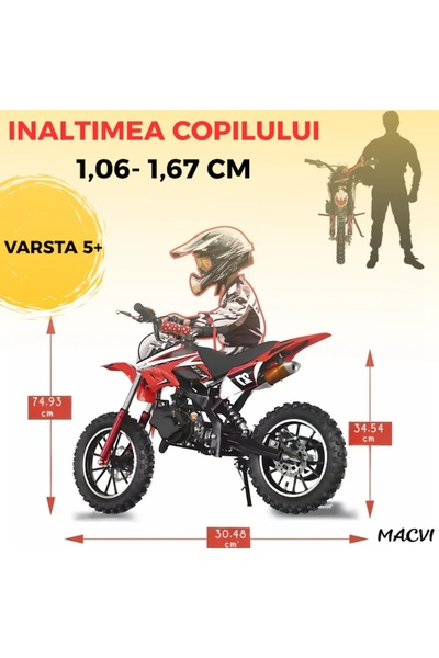 MACVI Macvi® cross motorcycle for children 49cc, petrol engine ideal for off road, Red