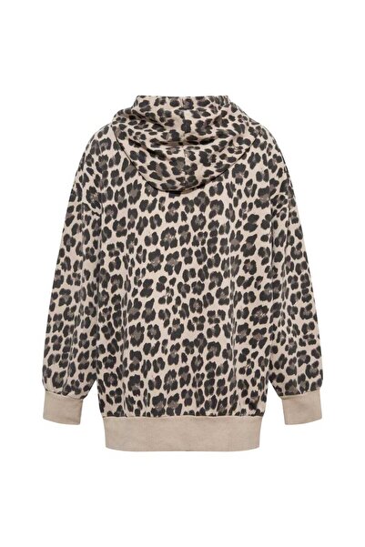 Le Monade Dreams Koton Kapüşonlu Bej Leopar Desenli Sweatshirt