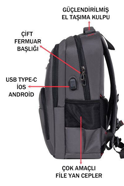 Dada Unisex Gri Okul Sırt Çantası Orta Boy USB Type-C Laptop Bölmeli Su Geçirmez Kumaş Lise Üniversite