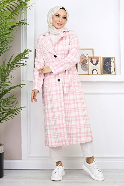 Missvalle Plaid Şanel Kaşe Coat Pink 19137