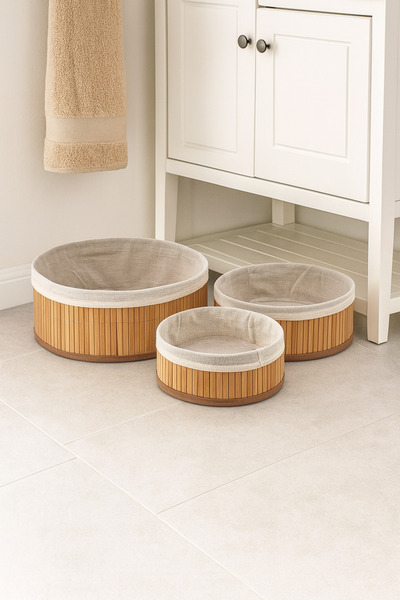 Çavdar Group سلة منظم من الخيزران الطبيعي مكونة من 3 قطع، سلة منظم مستديرة متعددة الأغراض