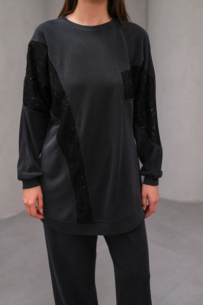 BZ BUTİK Knitted Cupra Fabric Patterned Double Set with Mesh Fabric Details