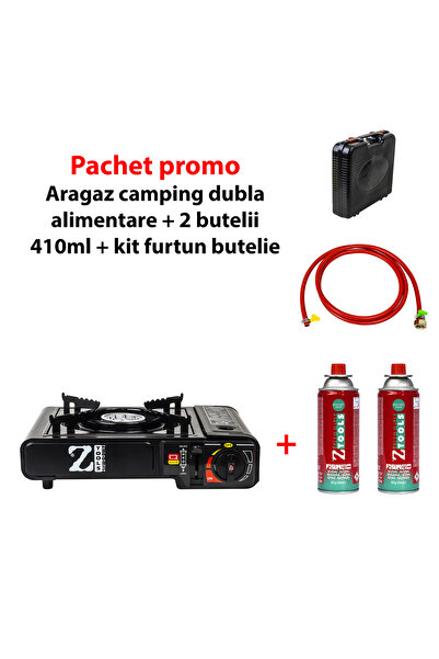 Z-Tools Pachet promoțional - Aragaz de camping, aprindere automată, combustibil dublu + 2 sticle de 410 ml SET30060