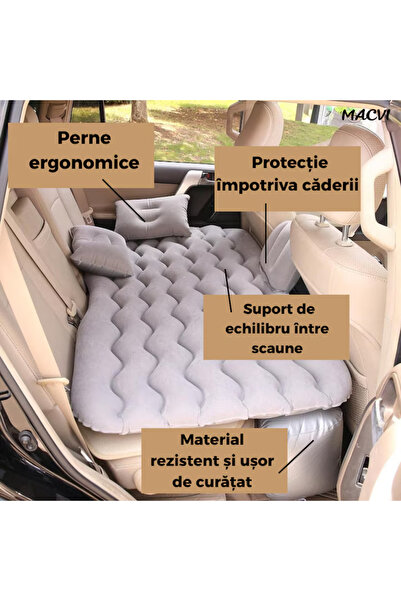 MACVI Saltea Gonflabila Auto Macvi® cu Perne si Suport de Echilibru, pentru Bancheta, Gri
