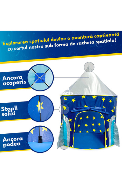 Elindor Cort de joacă pliabil pentru copii, Space Rocke, interior/exterior, 135 x 105 cm, albastru.