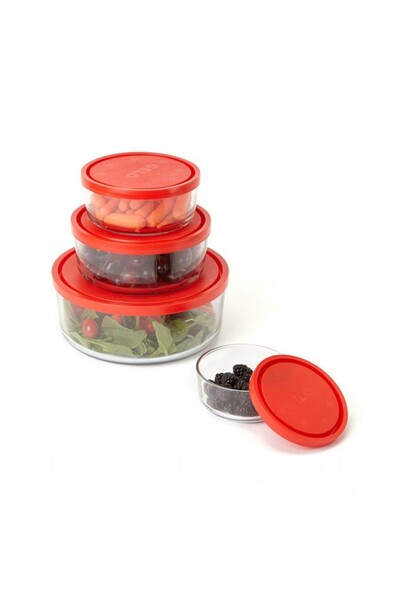 Bormioli Rocco Set of 4 glass casseroles with red lid BORMIOLI GELO