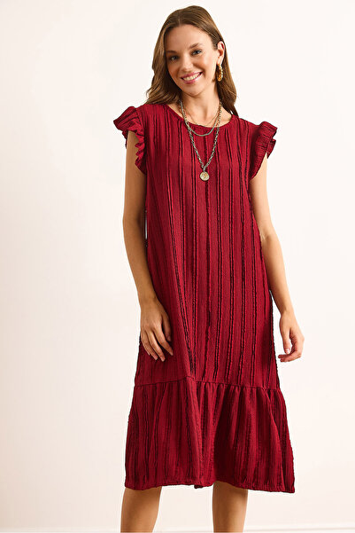 Olalook Women's Burgundy Sleeve Skirt Ruffle Textured Midi Dress Elb-19002364