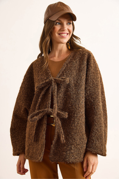 Olalook Women's Brown Lined Lace Detailed Gray Cashmere Jacket Ckt-19000460