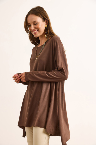 Olalook Γυναικεία μακριά πλεκτή μπλούζα από βισκόζη σε καφέ χρώμα με σκίσιμο σχέδιο BLZ-19003089