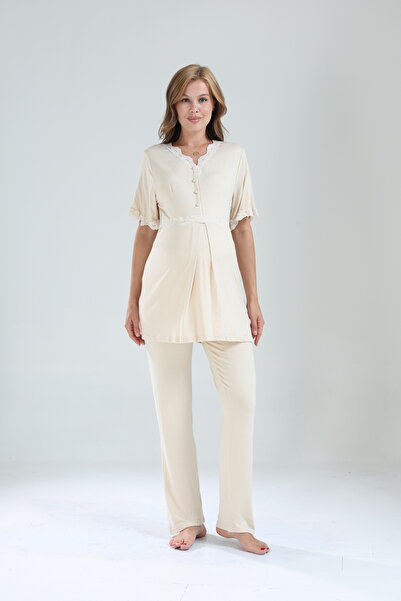 Lohussa Kadın Sütlü Kahve Volanlı Özel Tasarım Desenli Dantelli Lohusa Hamile Sabahlık Pijama Takımı Seti