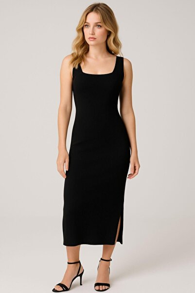 Rovebella Siyah Ottoman Kumaş Kadın Elbise