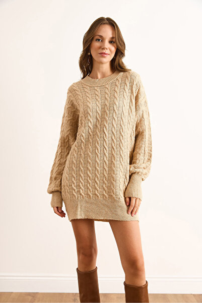 Olalook Women's Beige Tiny Hair Braided Knitwear Tunic Dress Elb-19002534