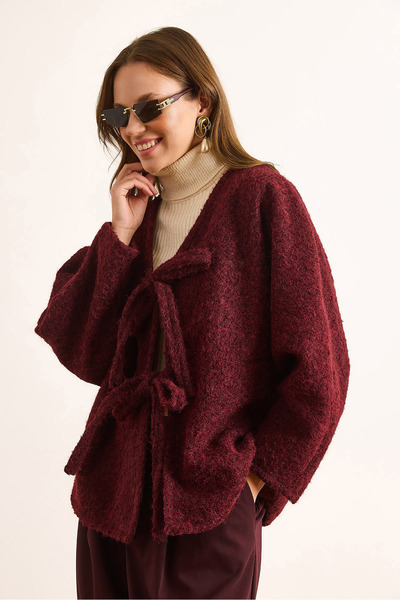 Olalook Women's Burgundy Lined Lace Detailed Gray Cashmere Jacket Ckt-19000460