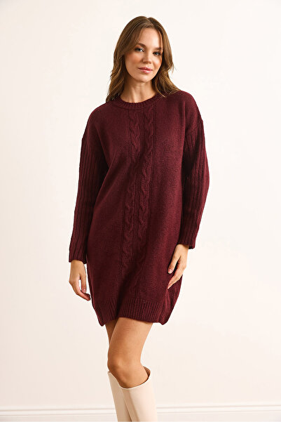 Olalook Women's Burgundy Ribbed Sleeve Front Braided Hair Knitwear Tunic Dress Elb-19002532