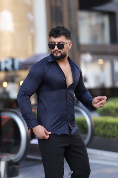 L-KOM Cămașă pentru bărbați slim fit cu textura satinată