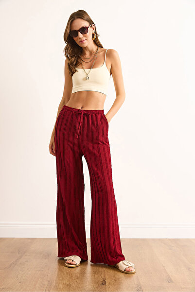 Olalook Kadın Bordo Dokulu Beli Lastikli Cepli Dökümlü Pantolon PNT-19000333