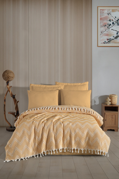Enlora Home Çok Amaçlı Pike Seti Çift Kişilik Zigzag Hardal (3 Parça)