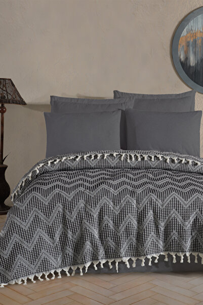 Enlora Home Çok Amaçlı Pike Takımı Çift Kişilik Zigzag Antrasit (Tam Takım)