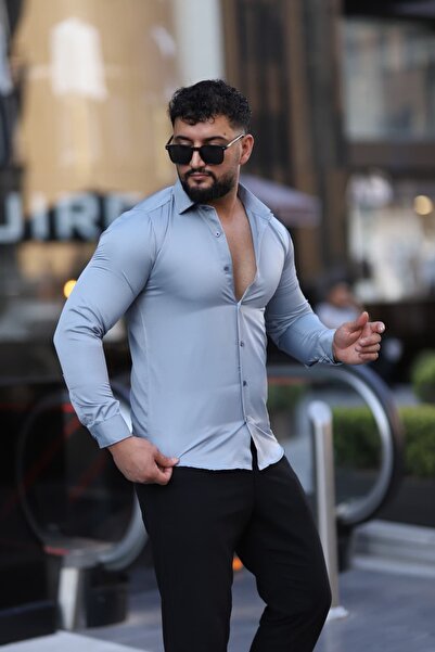 L-KOM Erkek Slim Fit Saten Dokulu Gömlek