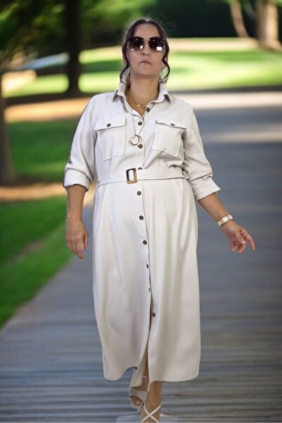 yagmurberen Boydan Buttoned Belt Double Chest Pocket Folding Sleeve Detail Cupro Fabric Plus Size Dress