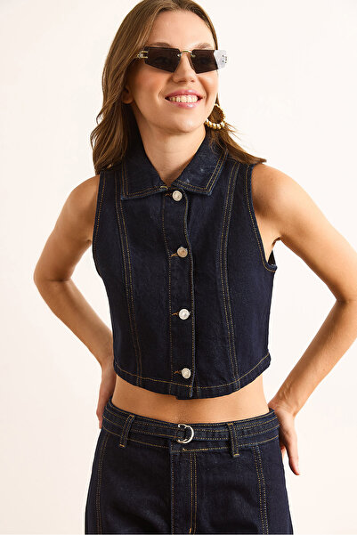 Olalook Жіноча синя сорочка з коміром на ґудзиках, укорочений джинсовий жилет YLK-19000085