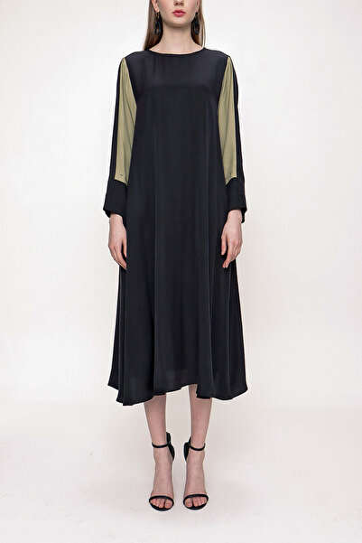 SOCIETA Haki Siyah Kontrast detaylı midi elbise 93721