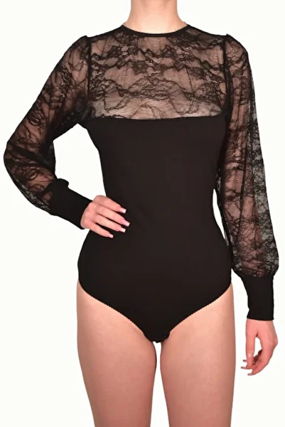 LUAN Cotton bodysuit with lace sleeve, Classic panty, Black