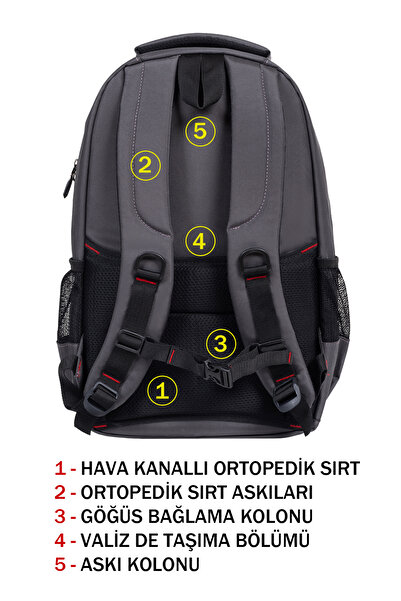 Dada Unisex Gri Okul Sırt Çantası Orta Boy USB Type-C Laptop Bölmeli Su Geçirmez Kumaş Lise Üniversite