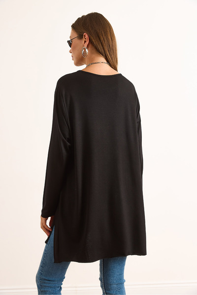 Olalook Women's Black Slit Draped Long Knitted Viscose Blouse Blz-19003089