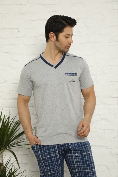 bie's Men's V-Neck Plaid Pattern 100% Cotton Short Sleeve Pajama Set with Pockets