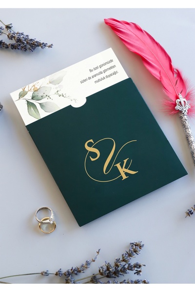 Pixel Davetiye 50 Adet Davetiye - Yeşil - 2025 Kapaklı Yaldızlı Yeni Model - Düğün - Nişan - Kına Davetiyesi-2059