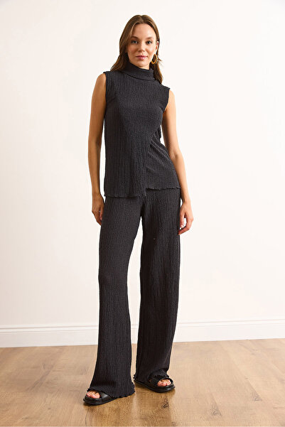 Olalook Set texturat pentru femei, cu bluză asimetrică antracit, partea de jos și deasupra, TKM-19000426