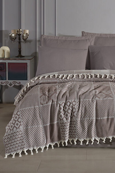 Enlora Home Çok Amaçlı Pike Seti Çift Kişilik Patchwork Kahve (3 Parça)