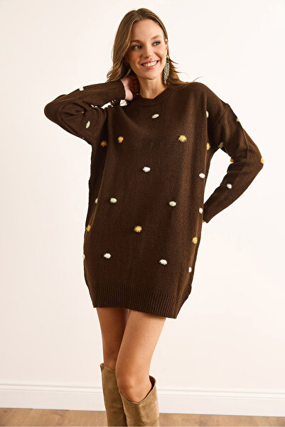 Olalook Women's Brown Color Pompom Soft Textured Tunic Dress Elb-19001979